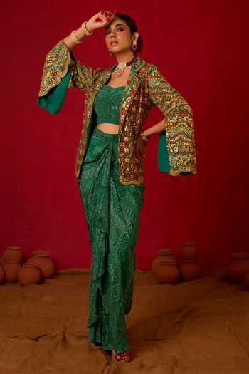 Nitara Dhanraj Label_Green Crepe Collared , Sweetheart Sequin Work Jacket Skirt Set _Online_at_Aza_Fashions