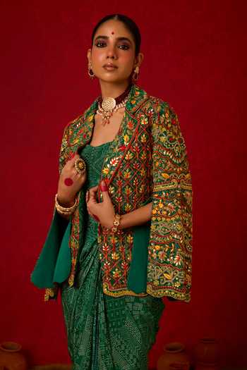 Buy_Nitara Dhanraj Label_Green Crepe Collared , Sweetheart Sequin Work Jacket Skirt Set _Online_at_Aza_Fashions