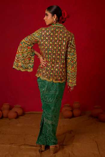 Shop_Nitara Dhanraj Label_Green Crepe Collared , Sweetheart Sequin Work Jacket Skirt Set _at_Aza_Fashions