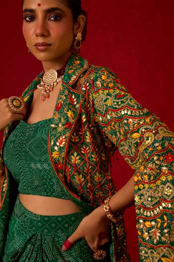 Shop_Nitara Dhanraj Label_Green Crepe Collared , Sweetheart Sequin Work Jacket Skirt Set _Online_at_Aza_Fashions