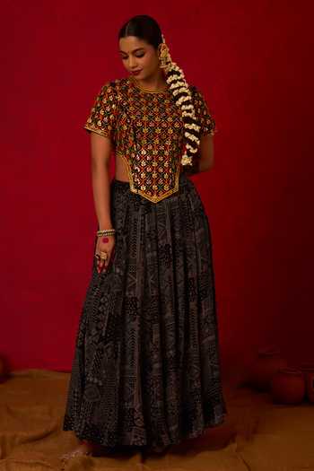 Buy_Nitara Dhanraj Label_Black Crepe, Chanderi Silk Round Neck Embroidered Top And Lehenga Set _at_Aza_Fashions