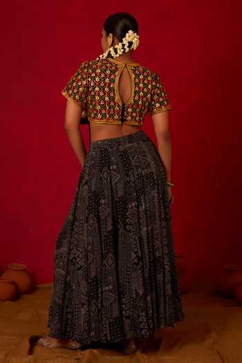 Shop_Nitara Dhanraj Label_Black Crepe, Chanderi Silk Round Neck Embroidered Top And Lehenga Set _at_Aza_Fashions
