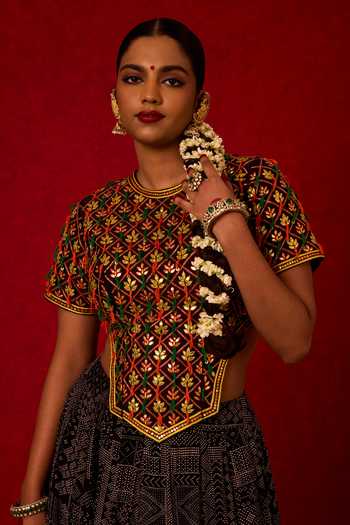 Buy_Nitara Dhanraj Label_Black Crepe, Chanderi Silk Round Neck Embroidered Top And Lehenga Set _Online_at_Aza_Fashions