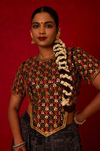 Shop_Nitara Dhanraj Label_Black Crepe, Chanderi Silk Round Neck Embroidered Top And Lehenga Set _Online_at_Aza_Fashions