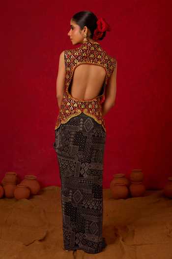 Shop_Nitara Dhanraj Label_Black Crepe V-neck Embroidered Waistcoat And Skirt Set _at_Aza_Fashions