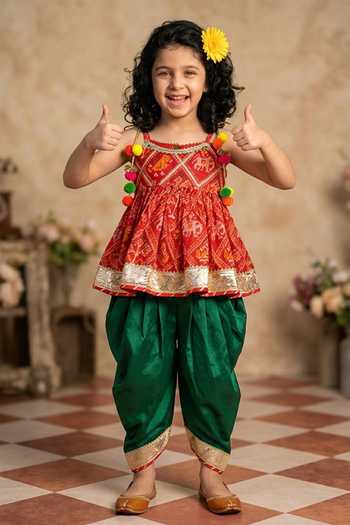 Buy_Byb Premium_Fuchsia Kota Doria Pom-poms, Fuschia Embellished Peplum Top And Dhoti Pant Set _Online_at_Aza_Fashions