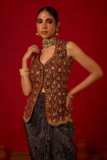 Nitara Dhanraj Label_Black Crepe V-neck Embroidered Waistcoat And Skirt Set _Online_at_Aza_Fashions