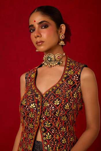 Buy_Nitara Dhanraj Label_Black Crepe V-neck Embroidered Waistcoat And Skirt Set _Online_at_Aza_Fashions