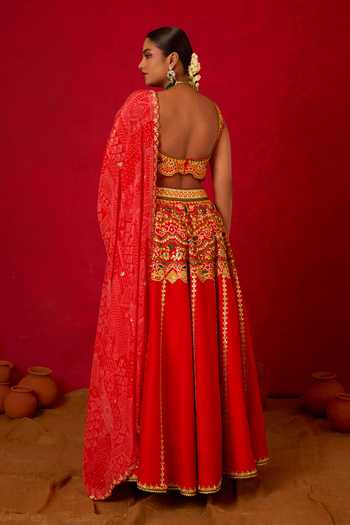 Shop_Nitara Dhanraj Label_Red Silk, Crepe V-neck Embroidered Skirt Set _at_Aza_Fashions