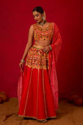 Nitara Dhanraj Label_Red Silk, Crepe V-neck Embroidered Skirt Set _Online_at_Aza_Fashions