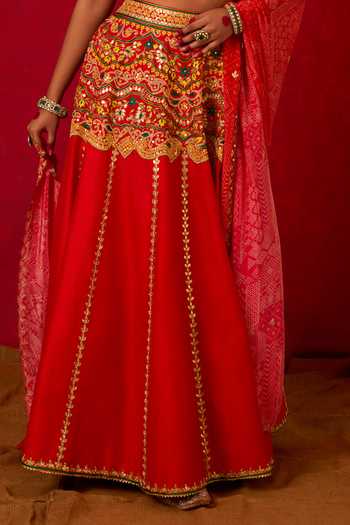 Buy_Nitara Dhanraj Label_Red Silk, Crepe V-neck Embroidered Skirt Set _Online_at_Aza_Fashions