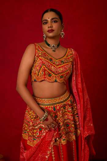 Shop_Nitara Dhanraj Label_Red Silk, Crepe V-neck Embroidered Skirt Set _Online_at_Aza_Fashions