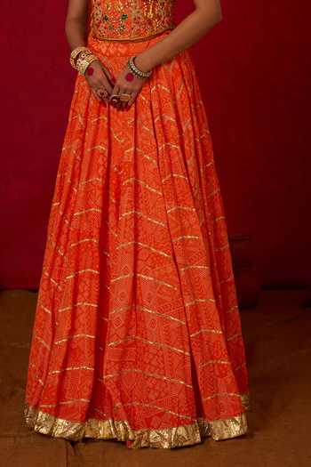 Nitara Dhanraj Label_Orange Crepe Embroidery, Sequins, Zari Bandeau Neck Corset And Skirt Set _Online_at_Aza_Fashions
