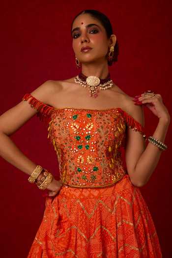 Buy_Nitara Dhanraj Label_Orange Crepe Embroidery, Sequins, Zari Bandeau Neck Corset And Skirt Set _Online_at_Aza_Fashions