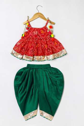 Shop_Byb Premium_Fuchsia Kota Doria Pom-poms, Fuschia Embellished Peplum Top And Dhoti Pant Set _Online_at_Aza_Fashions