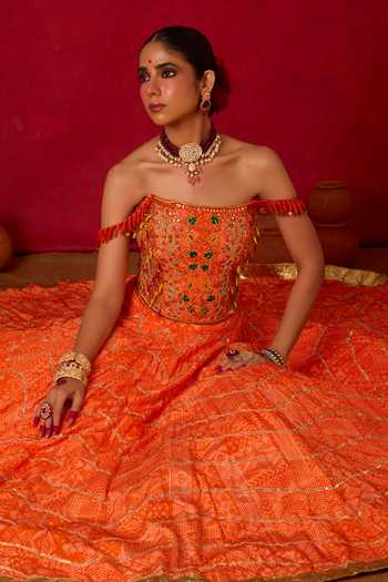 Shop_Nitara Dhanraj Label_Orange Crepe Embroidery, Sequins, Zari Bandeau Neck Corset And Skirt Set _Online_at_Aza_Fashions