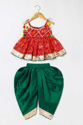 Byb Premium_Fuchsia Kota Doria Pom-poms, Fuschia Embellished Peplum Top And Dhoti Pant Set _at_Aza_Fashions
