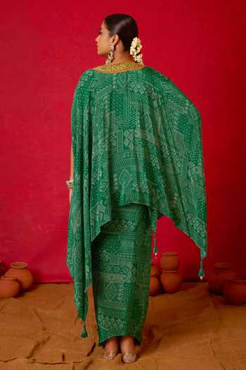 Shop_Nitara Dhanraj Label_Green Crepe Split V-neck Embroidered Kaftan And Draped Skirt Set _at_Aza_Fashions