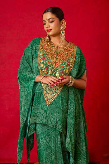 Nitara Dhanraj Label_Green Crepe Split V-neck Embroidered Kaftan And Draped Skirt Set _Online_at_Aza_Fashions