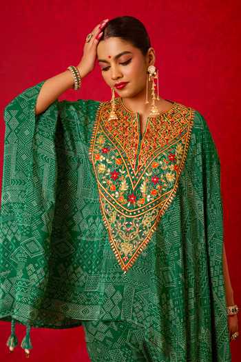 Shop_Nitara Dhanraj Label_Green Crepe Split V-neck Embroidered Kaftan And Draped Skirt Set _Online_at_Aza_Fashions