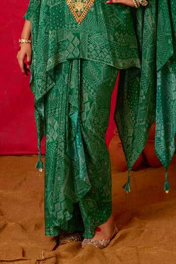 Nitara Dhanraj Label_Green Crepe Split V-neck Embroidered Kaftan And Draped Skirt Set _at_Aza_Fashions