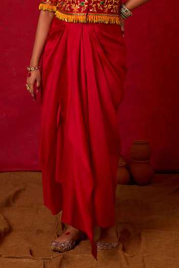 Nitara Dhanraj Label_Red Chanderi Silk Collared Neck Embroidered Jacket And Skirt Set _Online_at_Aza_Fashions