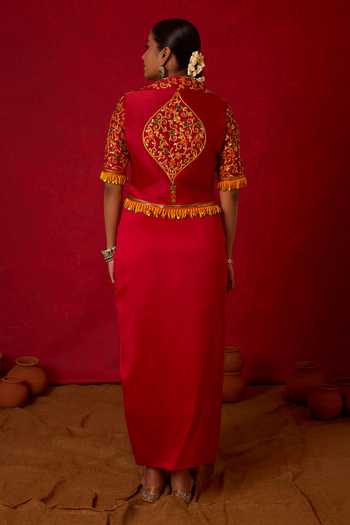 Shop_Nitara Dhanraj Label_Red Chanderi Silk Collared Neck Embroidered Jacket And Skirt Set _at_Aza_Fashions