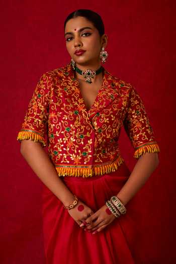 Buy_Nitara Dhanraj Label_Red Chanderi Silk Collared Neck Embroidered Jacket And Skirt Set _Online_at_Aza_Fashions