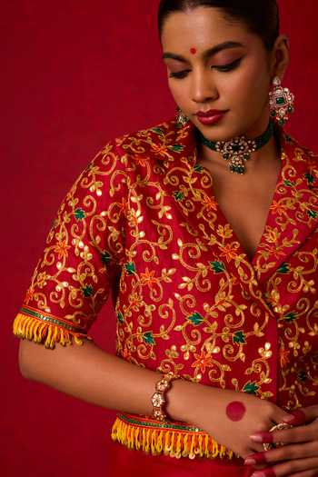 Shop_Nitara Dhanraj Label_Red Chanderi Silk Collared Neck Embroidered Jacket And Skirt Set _Online_at_Aza_Fashions