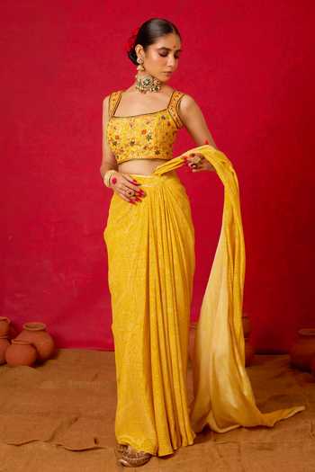 Nitara Dhanraj Label_Yellow Crepe Square Neck Pre-draped Saree With Embroidered Blouse _Online_at_Aza_Fashions