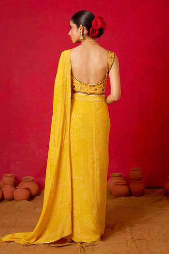 Shop_Nitara Dhanraj Label_Yellow Crepe Square Neck Pre-draped Saree With Embroidered Blouse _at_Aza_Fashions