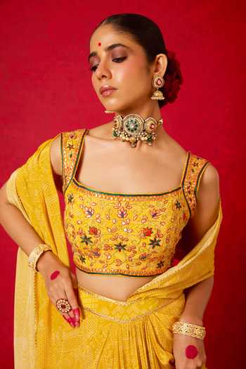Buy_Nitara Dhanraj Label_Yellow Crepe Square Neck Pre-draped Saree With Embroidered Blouse _Online_at_Aza_Fashions