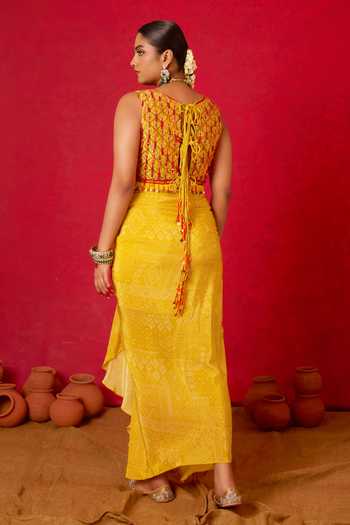 Shop_Nitara Dhanraj Label_Yellow , Crepe, Silk V-neck Floral Embroidered Top And Skirt Set _at_Aza_Fashions