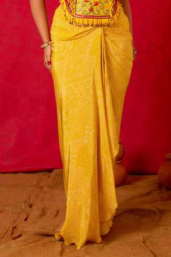 Nitara Dhanraj Label_Yellow , Crepe, Silk V-neck Floral Embroidered Top And Skirt Set _Online_at_Aza_Fashions