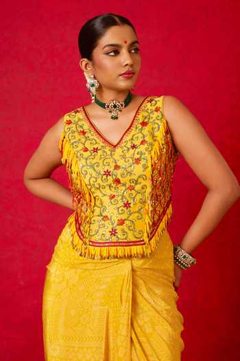 Buy_Nitara Dhanraj Label_Yellow , Crepe, Silk V-neck Floral Embroidered Top And Skirt Set _Online_at_Aza_Fashions