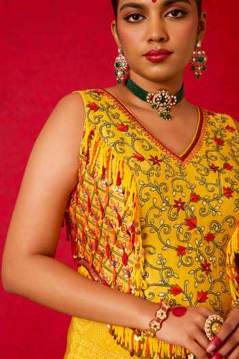 Shop_Nitara Dhanraj Label_Yellow , Crepe, Silk V-neck Floral Embroidered Top And Skirt Set _Online_at_Aza_Fashions