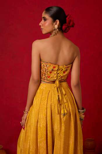 Shop_Nitara Dhanraj Label_Yellow Crepe Embroidery, Mirrors Bandeau Neck Corset And Salwar Set _at_Aza_Fashions