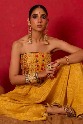 Nitara Dhanraj Label_Yellow Crepe Embroidery, Mirrors Bandeau Neck Corset And Salwar Set _Online_at_Aza_Fashions