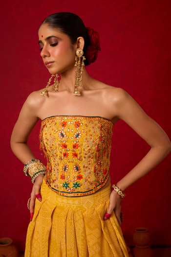 Buy_Nitara Dhanraj Label_Yellow Crepe Embroidery, Mirrors Bandeau Neck Corset And Salwar Set _Online_at_Aza_Fashions