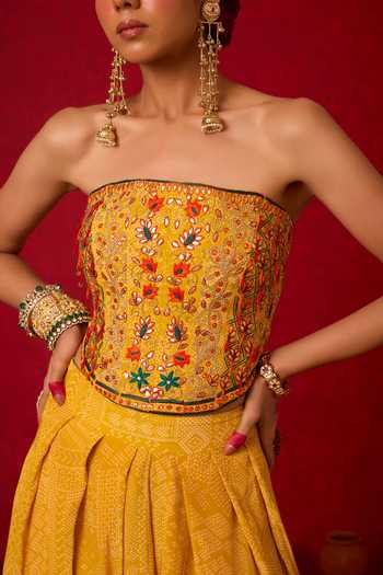 Shop_Nitara Dhanraj Label_Yellow Crepe Embroidery, Mirrors Bandeau Neck Corset And Salwar Set _Online_at_Aza_Fashions