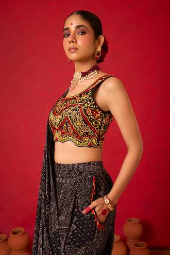 Nitara Dhanraj Label_Black Crepe, Chanderi Silk Scoop Neck Printed Pre-draped Pant Saree With Blouse _Online_at_Aza_Fashions