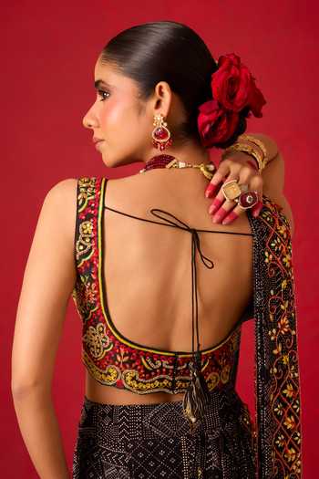 Shop_Nitara Dhanraj Label_Black Crepe, Chanderi Silk Scoop Neck Printed Pre-draped Pant Saree With Blouse _at_Aza_Fashions