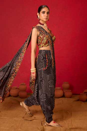 Buy_Nitara Dhanraj Label_Black Crepe, Chanderi Silk Scoop Neck Printed Pre-draped Pant Saree With Blouse _Online_at_Aza_Fashions