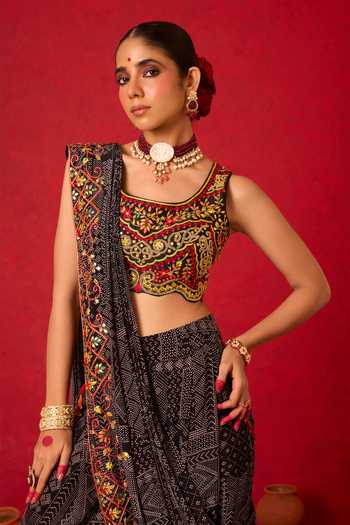Shop_Nitara Dhanraj Label_Black Crepe, Chanderi Silk Scoop Neck Printed Pre-draped Pant Saree With Blouse _Online_at_Aza_Fashions