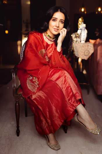 Shop_Pink City by Sarika_Red Organza, Chanderi Round Neck, Yes Peacock Embroidered Kurta Set _Online_at_Aza_Fashions