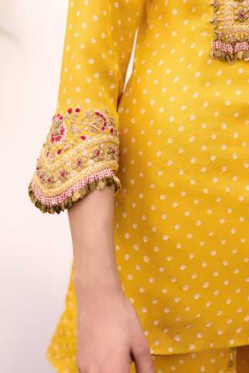 Shop_Pink City by Sarika_Yellow Silk Round Neck, Keyhole Neck, Yes Bandhani Print Kurta And Dhoti Pant Set _Online_at_Aza_Fashions