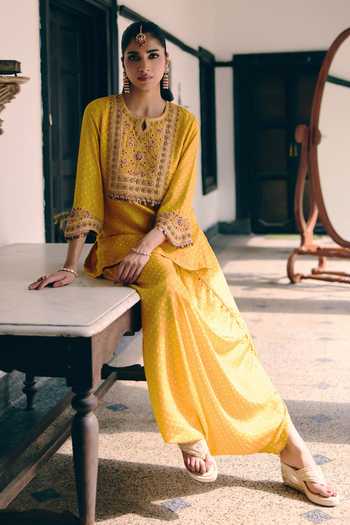 Pink City by Sarika_Yellow Silk Round Neck, Keyhole Neck, Yes Bandhani Print Kurta And Dhoti Pant Set _at_Aza_Fashions