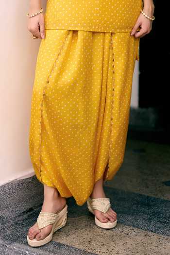 Buy_Pink City by Sarika_Yellow Silk Round Neck, Keyhole Neck, Yes Bandhani Print Kurta And Dhoti Pant Set 