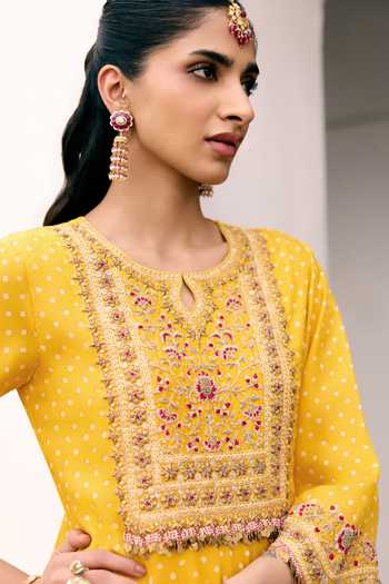 Pink City by Sarika_Yellow Silk Round Neck, Keyhole Neck, Yes Bandhani Print Kurta And Dhoti Pant Set _Online