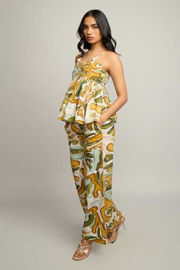 Poppi_Yellow Cotton Scoop Neck Printed Top And Pant Set _Online_at_Aza_Fashions